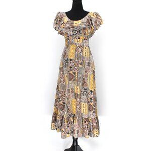 Mr. B of California Yellow Brown Patchwork Print Ruffle Trim Maxi Dress 8 M VTG